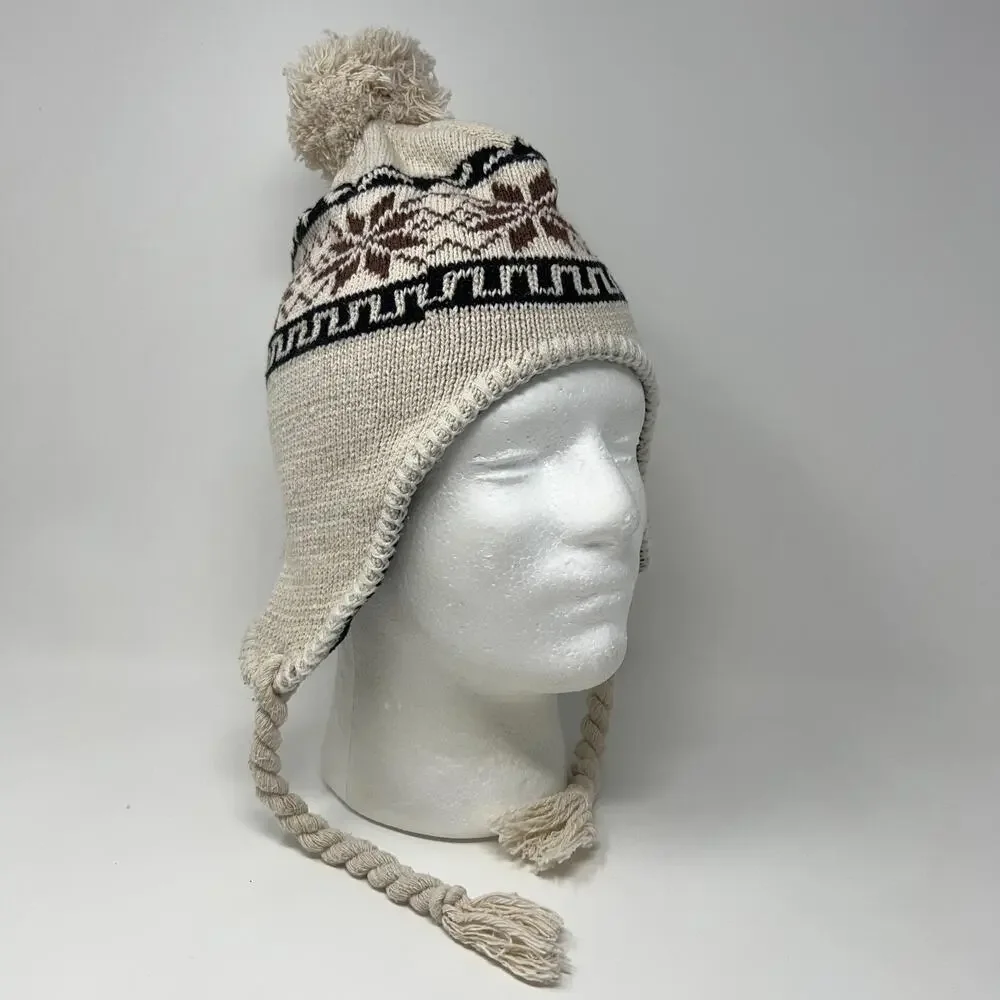 Beige Brown Ear Flap Winter Hat One Size Knit Pom Tassel Fleece Lined